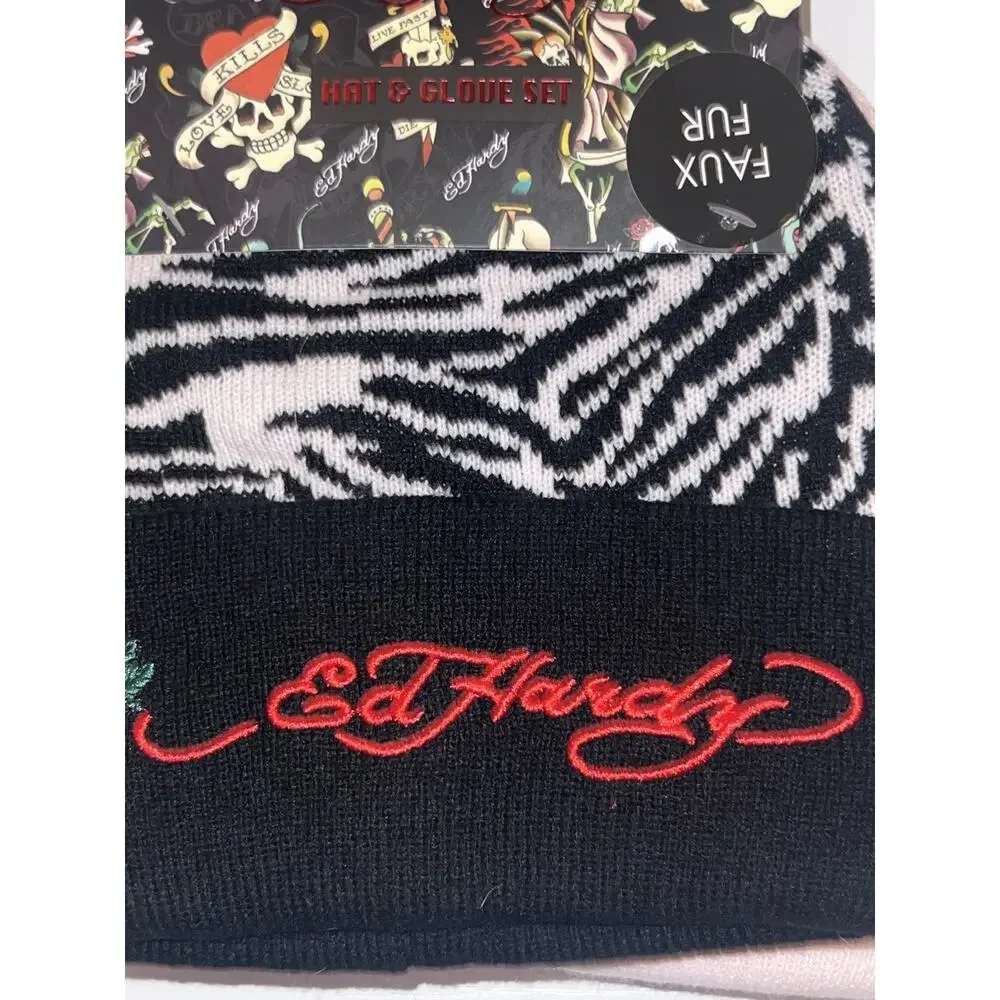 Ed Hardy 3 Pc GIRLS Set 2 Beanies Embroidered Black & Pink & Black Knit Gloves